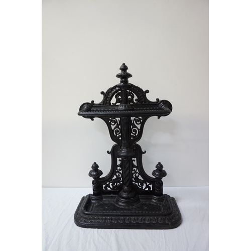 428 - COALBROOKDALE STYLE CAST IRON STICK STAND
of shaped outline with pierced decoration, with an upper s... 