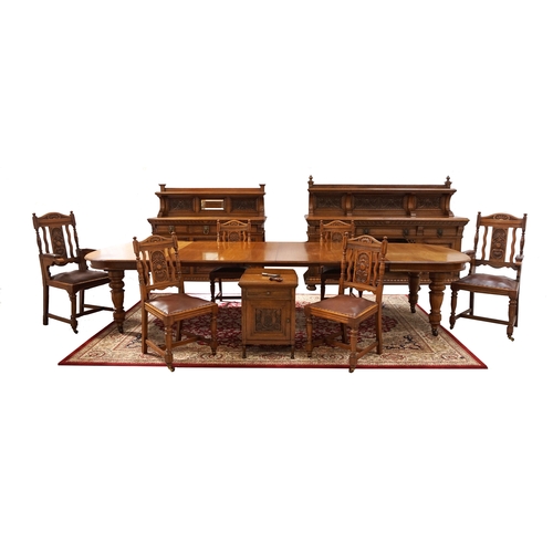 496 - LATE VICTORIAN LIGHT OAK DINING ROOM SUITE
in the manner of Gillows of Lancaster, comprising a large... 