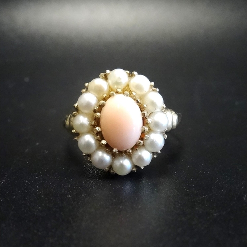 39 - CORAL AND SEED PEARL CLUSTER RING
on nine carat gold shank, ring size O-P - RE-OFFERED IN TIMED AUCT... 
