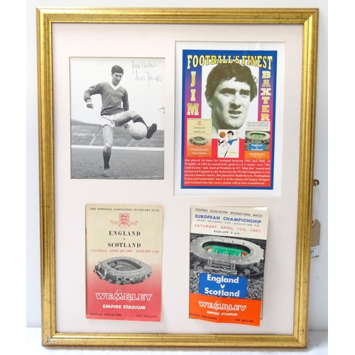 321 - SCOTTISH FOOTBALL INTEREST
a mounted signed photograph of Jim Baxter, a programme from the 1963 inte... 