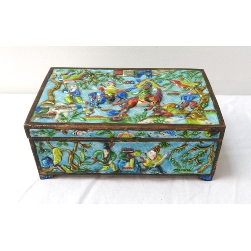 261 - CHINESE ENAMEL BOX
with a blue ground, the lid decorated with warriors on horseback and on foot, the... 