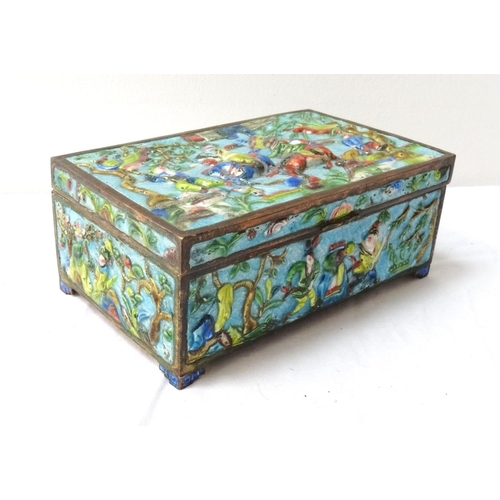 261 - CHINESE ENAMEL BOX
with a blue ground, the lid decorated with warriors on horseback and on foot, the... 