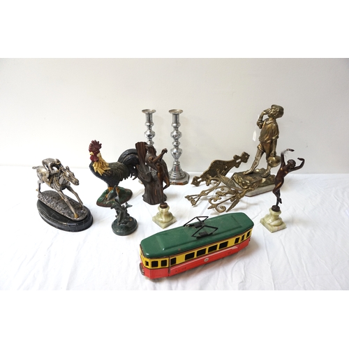 276 - SELECTION OF COLLECTABLES
including a silvered metal jockey and racehorse ornament; a brass wall sco... 