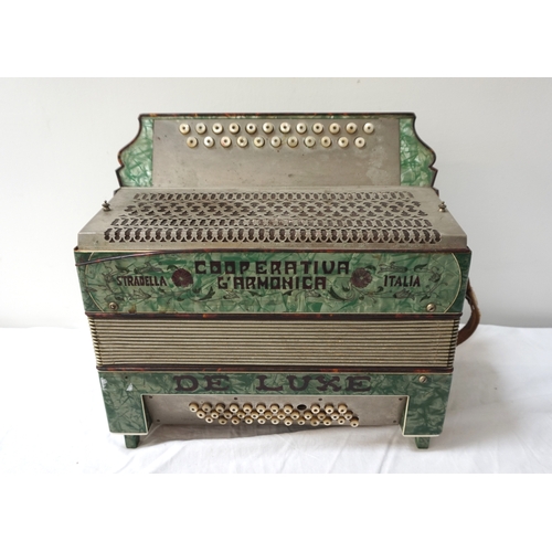 361 - 1930'S ITALIAN COOPERATIVA L'ARMONICA STRADELLA ACCORDION
with a green case and leather shoulder str... 