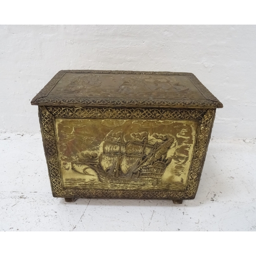 274 - BRASS EMBOSSED COAL BIN
decorated with ships, with a removable steel liner, 38.5cm x 50cm x 33cm - R... 