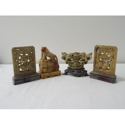 300 - SELECTION OF SOAPSTONE CARVINGS
including two panels depicting cranes, 16.5cm high; a tiger on a nat... 