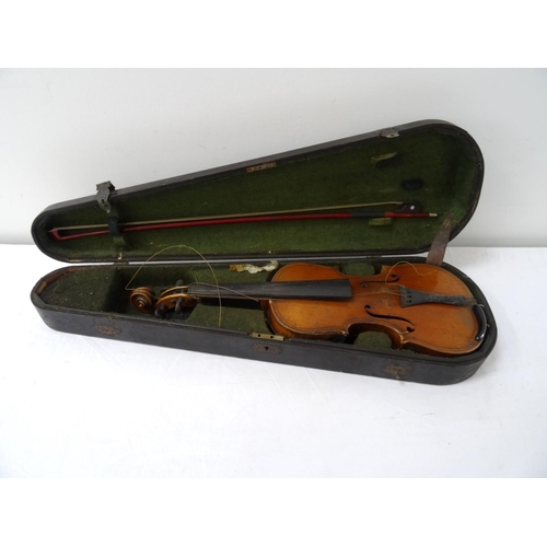 364 - VINTAGE VIOLIN
with a two piece 37cm back, together with a bow, contained in a vintage baize lined c... 