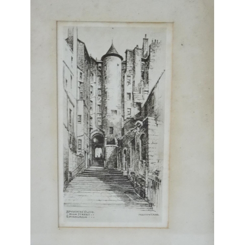 471 - A. SIMES
Scottish National War Memorial, Edinburgh, etching, 16cm x 10.3cm and White Horse Close, Ed... 