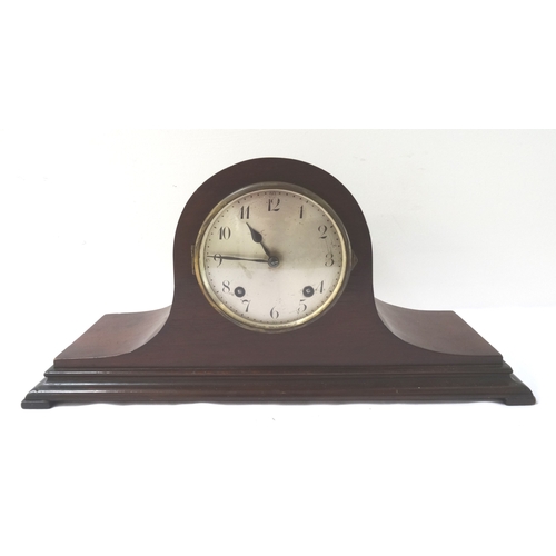 313 - GERMAN MANTLE CLOCK
with a mahogany case and silvered dial with Arabic numerals, the eight day movem... 