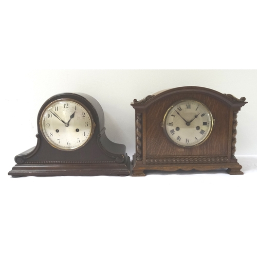 315 - GERMAN MANTLE CLOCK
with a shaped mahogany case and circular silvered dial with Arabic numerals, the... 