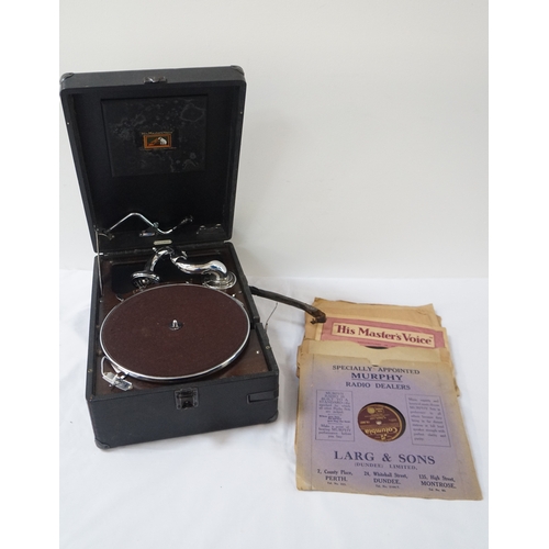 363 - HMV TRAVELLING GRAMOPHONE
in a hard shell case with winding handle, together with a large selection ... 