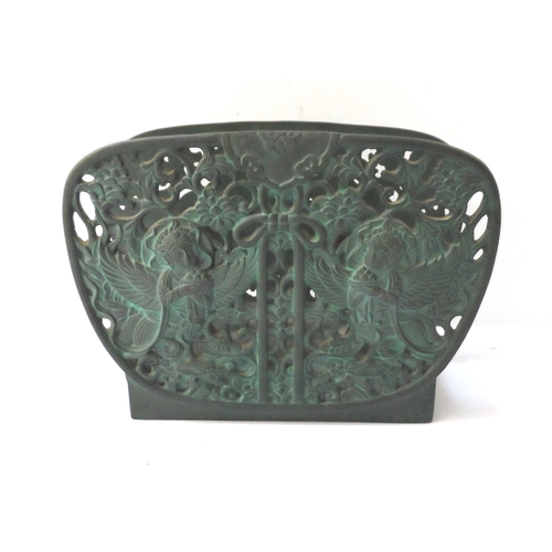 336 - CHINESE VERDIGRIS EFFECT BRONZED LETTER RACK
each side with pierced figure, floral and motif decorat... 