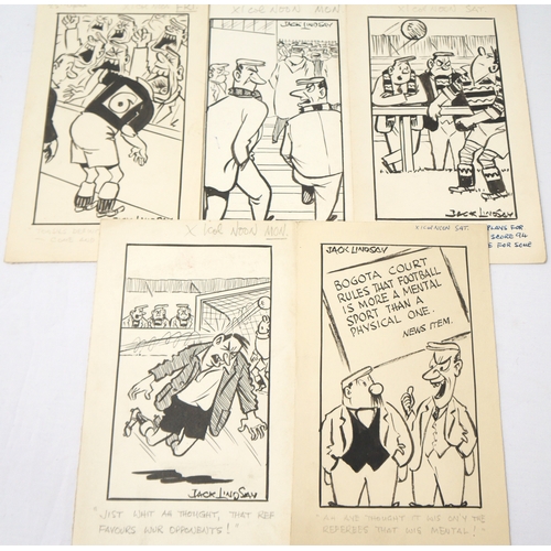 337 - JACK LINDSAY (Glasgow Noon Record)
five original pen and ink football cartoons, circa 1940/50's, sig... 