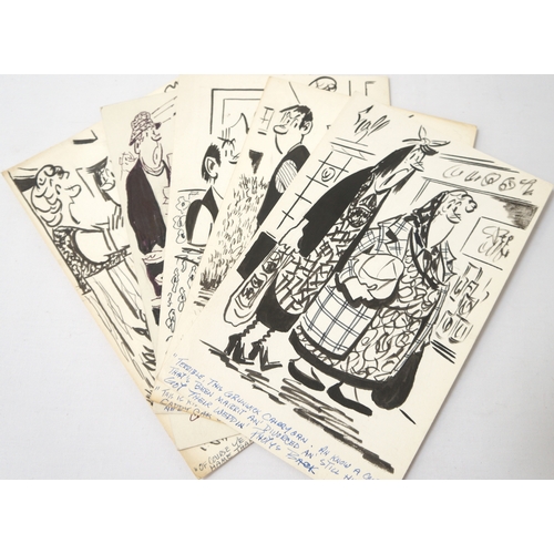 338 - WILLIE GALL (Glasgow Evening Times)
five original pen and ink cartoons, circa 1970s/80s, all with co... 