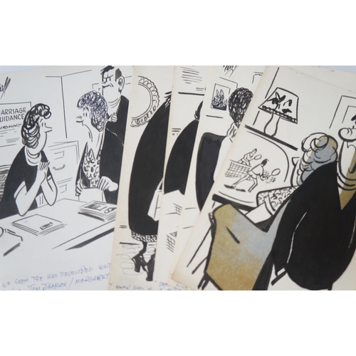 339 - WILLIE GALL (Glasgow Evening Times)
five original pen and ink cartoons, circa 1970s/80s, four with c... 