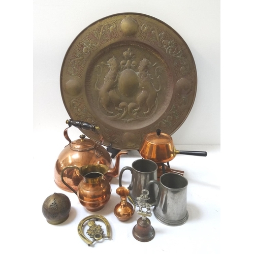 271 - LARGE SELECTION OF COPPER AND BRASSWARE
including a toddy kettle, table gong, fondue set, large char... 