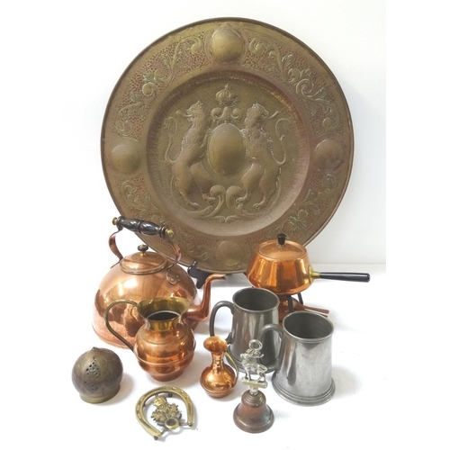 271 - LARGE SELECTION OF COPPER AND BRASSWARE
including a toddy kettle, table gong, fondue set, large char... 