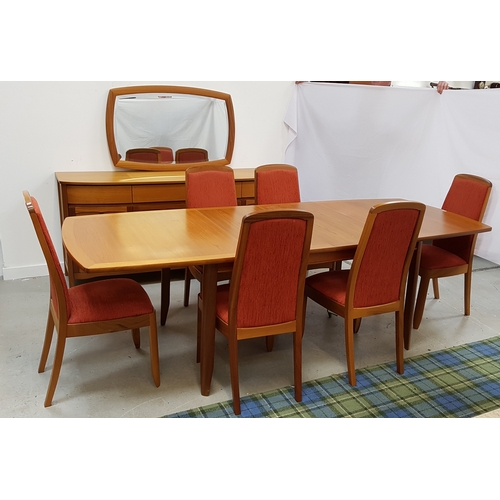 482 - NATHAN TEAK DINING ROOM SUITE
comprising an extending shaped dining table standing on shaped support... 