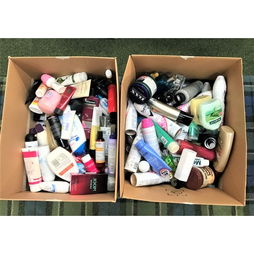 101 - TWO BOXES OF USED AND NEW TOILETRY ITEMS
including: Joop, Victor Rolf, Armani, Max Factor, Hugo Boss... 