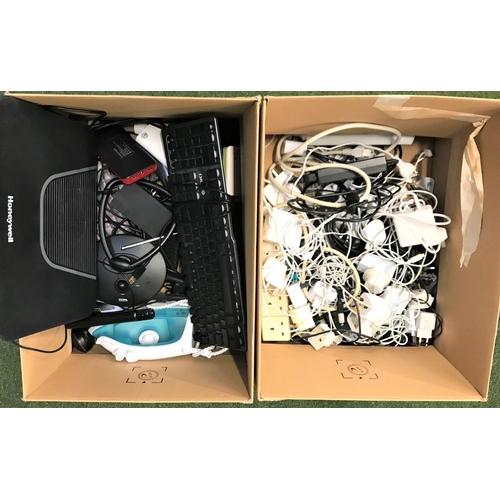 83 - TWO BOXES OF GENERAL ELECTRICAL ITEMS AND CABLES; ADAPTORS AND CONNECTORS
including Iron, hair strai... 