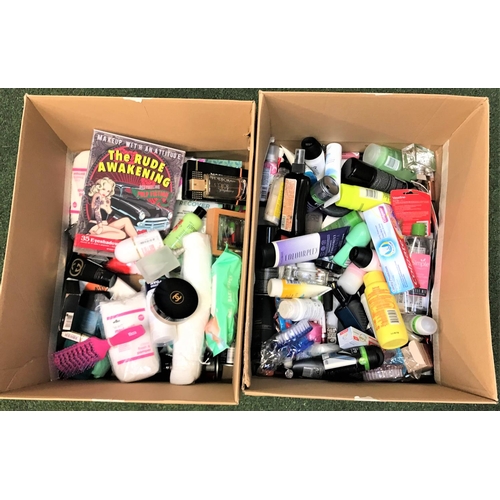 86 - TWO BOXES OF USED AND NEW TOILETRY ITEMS
including: Colgate, Westlab Recovery Epson Salts, The Ruse ... 