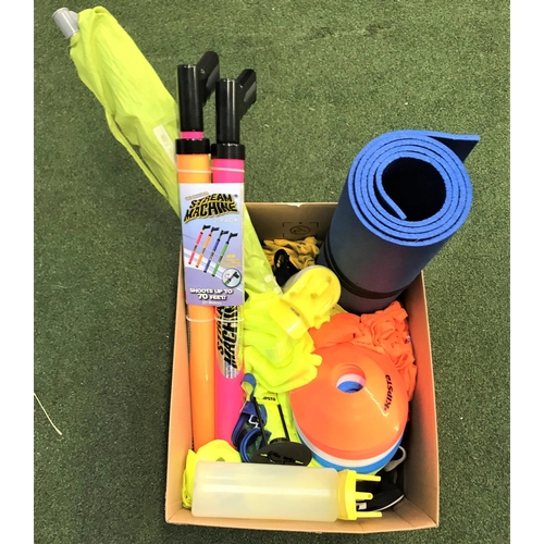 88 - ONE BOX OF SPORTS AND LEISURE ITEMS
including yoga mat, football training cones and bibs, swimming g... 