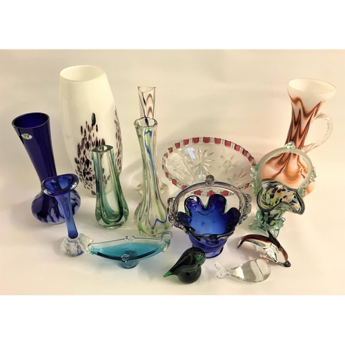 250 - LARGE SELECTION OF COLOURED GLASS
including a hand blown Murano style mottled glass basket with twis... 