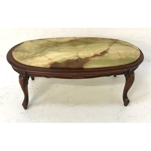 493 - MAHOGANY OVAL OCCASIONAL TABLE
with an inset green marble top, standing on cabriole supports, 117cm ... 