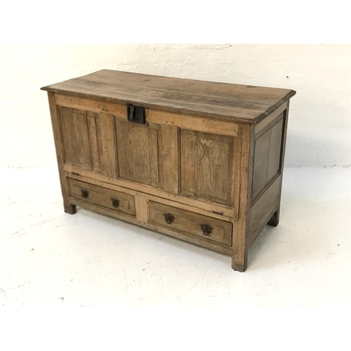 498 - ANTIQUE OAK COFFER
with a moulded top above a fall front with two panelled drawers below, standing o... 