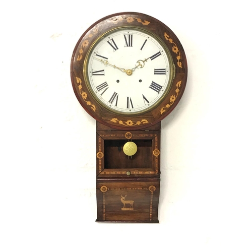 505 - 19th CENTURY ROSEWOOD AND INLAID DROP DIAL CLOCK
with an eight day movement and a circular painted m... 