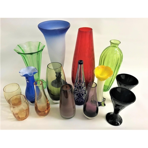 249 - LARGE SELECTION OF COLOURFUL GLASS 
including a tall conical green vase with white spiral decoration... 