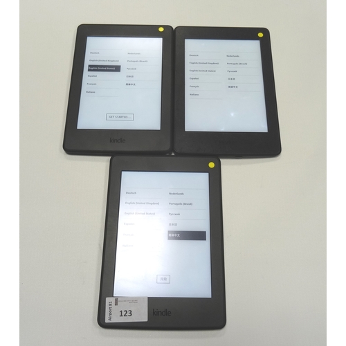 123 - THREE KINDLE PAPERWHITE 3 (2015) WIFI DEVICES
serial numbers: G090 G105 5266 11CF; G090 G105 7312 03... 