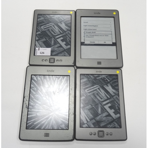 126 - SELECTION OF FOUR KINDLE DEVICES
comprising: two KINDLE 4 NO TOUCH SILVER (2011) WIFI, serial number... 