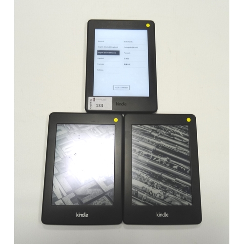 133 - THREE KINDLE PAPERWHITE DEVICES
comprising: one KINDLE PAPERWHITE 3 (2015) WIFI, serial number: G090... 