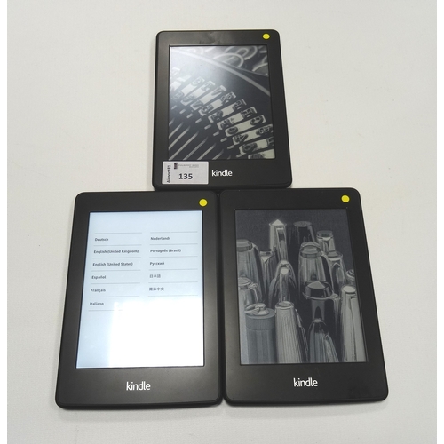 135 - THREE KINDLE PAPERWHITE 2 (2013) WIFI DEVICES
serial numbers: 90D4 2201 4203 09EL; B0D4 204 3435 0FG... 