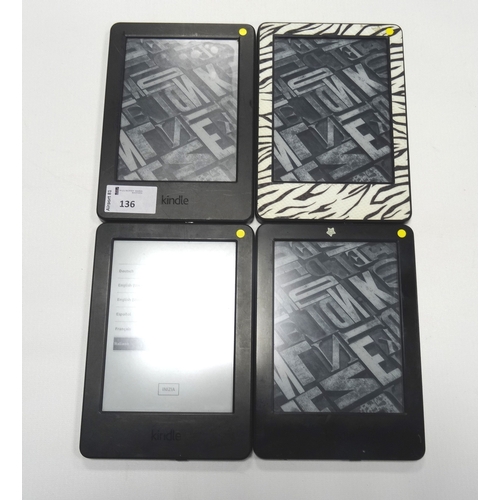 136 - FOUR KINDLE BASIC (2014) WIFI DEVICES
serial numbers: 90C6 0606 4414 03PK; 90C6 0606 4435 0CKN; 90C6... 