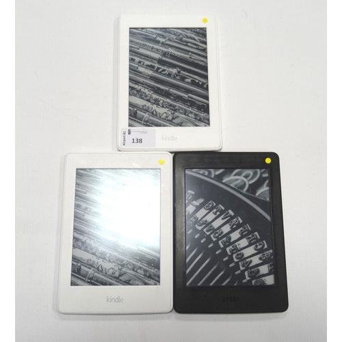 138 - THREE KINDLE PAPERWHITE 3 (2015) WIFI DEVICES 
serial numbers: G090 KB03 8027 06DA; G090 KB03 6332 0... 