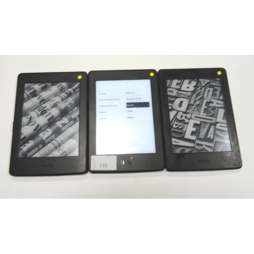 139 - THREE KINDLE PAPERWHITE 3 (2015) WIFI DEVICES
serial numbers: G090 G105 8133 011V; G090 G105 6035 0Q... 