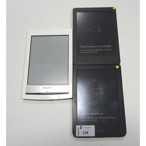 159 - THREE E-READER DEVICES
comprising: one SONY E-READER, Model: PRS-T1, serial number: 0800461001A89709... 