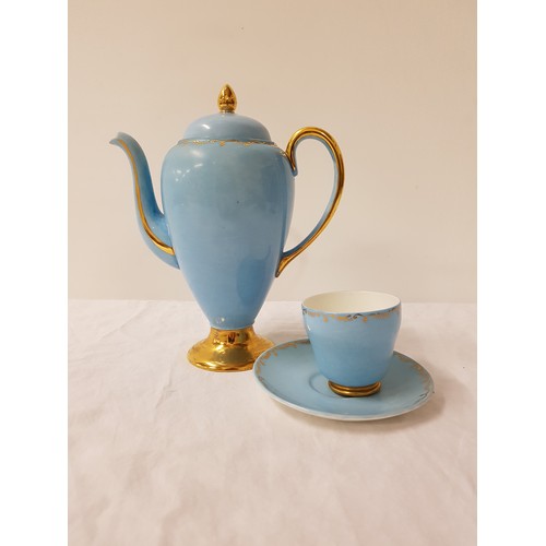 220 - WEDGWOOD COFFEE SET
with a duck egg blue ground with gilt highlights, comprising coffee pot, twin ha... 