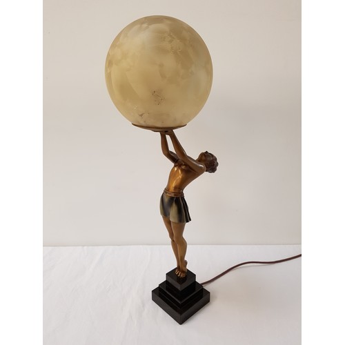 317 - ART DECO SPELTER TABLE LAMP
depicting a woman upright holding a globe aloft, raised on a square thre... 