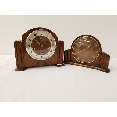 336 - WESTMINSTER CHIME WALNUT MANTLE CLOCK
with a circular silvered dial and Arabic numerals, with windin... 