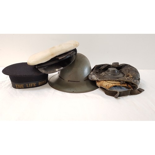 427 - MILITARY INTEREST
a WW2 German leather and sheepskin lined pilots head piece, naval officers cap wit... 