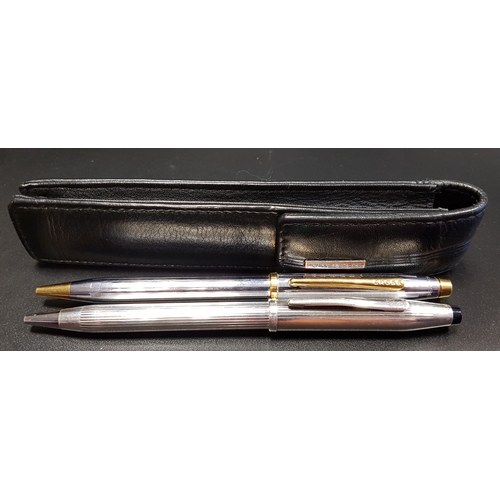 362 - SILVER CROSS BALL POINT PEN
with silver barrel and cap, in leather pouch; together with another Cros... 