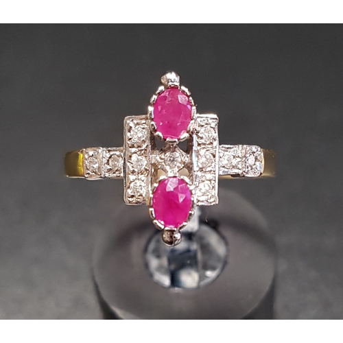 99 - ART DECO STYLE RUBY AND DIAMOND PLAQUE RING
the two oval cut rubies within a diamond set geometric s... 