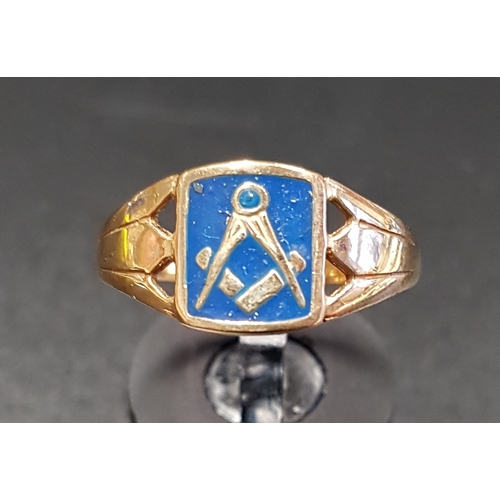 141 - ENAMEL DECORATED MASONIC RING
decorated with compasses, in nine carat gold, ring size S-T