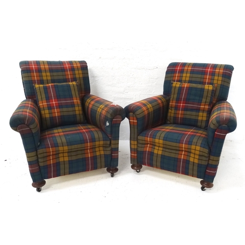 471 - PAIR OF EARLY 20TH CENTURY ARMCHAIRS
covered in plaid and each with a loose cushion, standing on squ... 