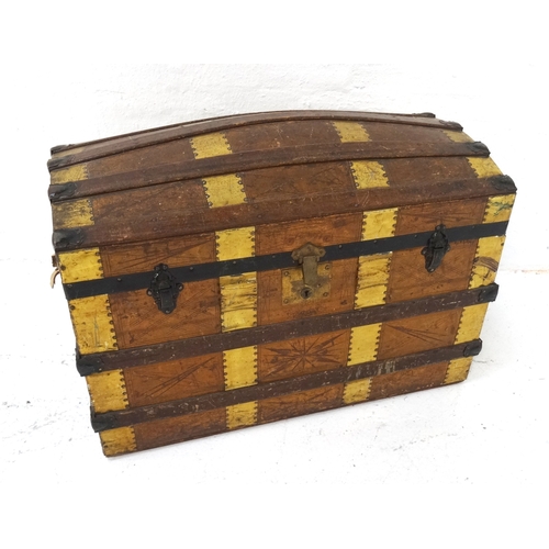 472 - VINTAGE DOME TOP TRUNK
with wood and brass banding, the lift up lid revealing a fitted interior dome... 