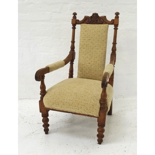 476 - EDWARDIAN WALNUT ARMCHAIR
with a shaped and carved top rail above a central padded back, with part p... 