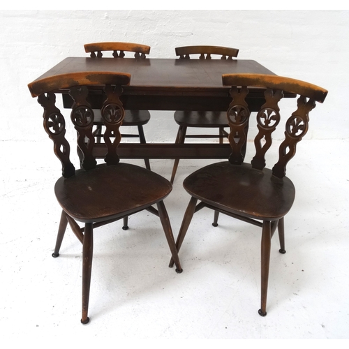 479 - OAK DRAW LEAF DINING TABLE 
standing on shaped end supports united by a stretcher, together with fou... 